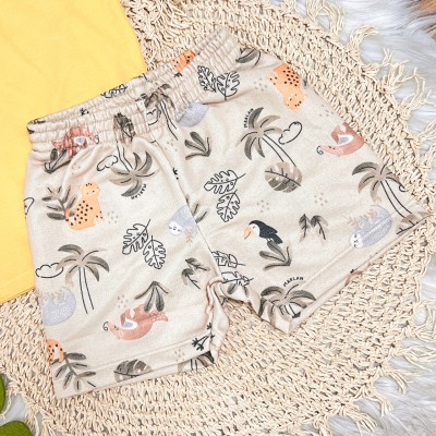  Conj. Camiseta Sunny Summer e Bermuda Animais - Amarelo e Areia